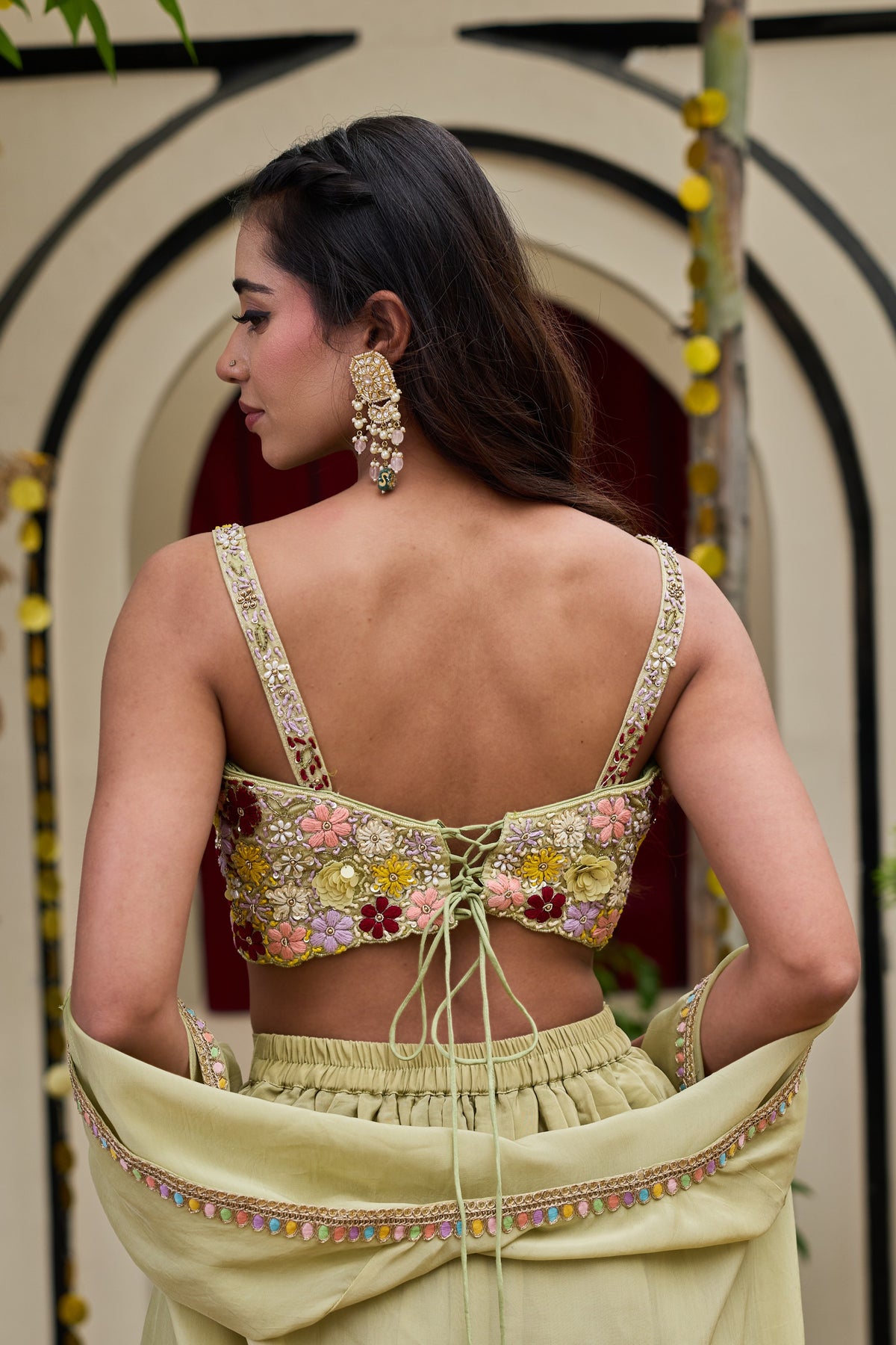 Sage Green Floral Bustier, Dhoti & Cape Set