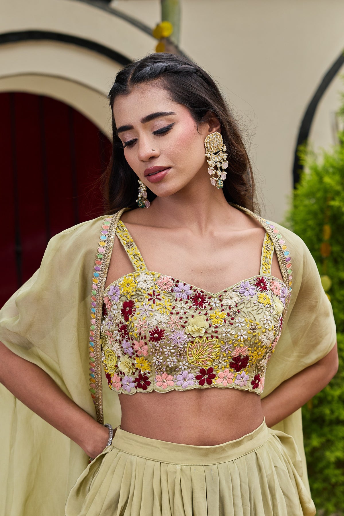 Sage Green Floral Bustier, Dhoti & Cape Set