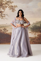 Silver Grey Embellished Bustier, Lehenga & Dupatta Set