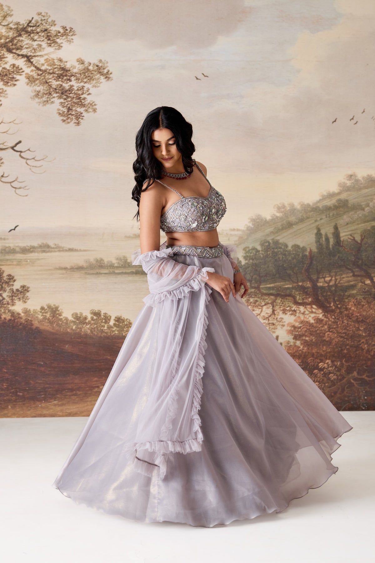 Silver Grey Embellished Bustier, Lehenga & Dupatta Set