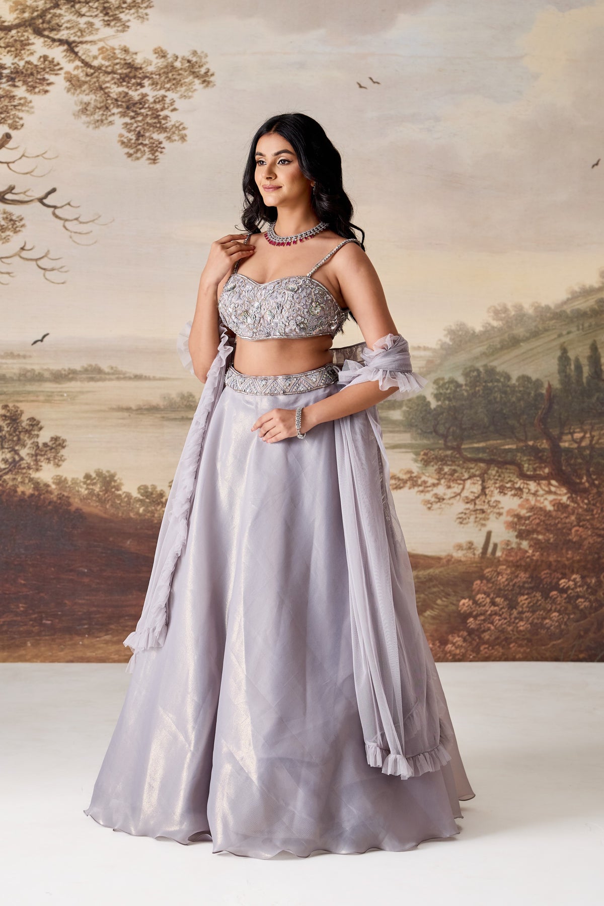 Silver Grey Embellished Bustier, Lehenga & Dupatta Set