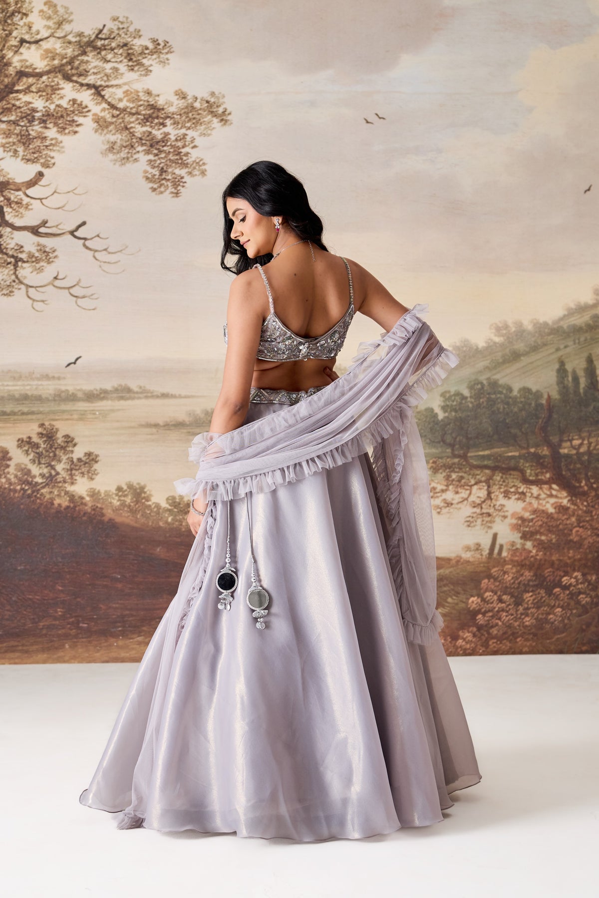 Silver Grey Embellished Bustier, Lehenga & Dupatta Set