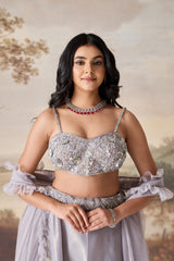Silver Grey Embellished Bustier, Lehenga & Dupatta Set
