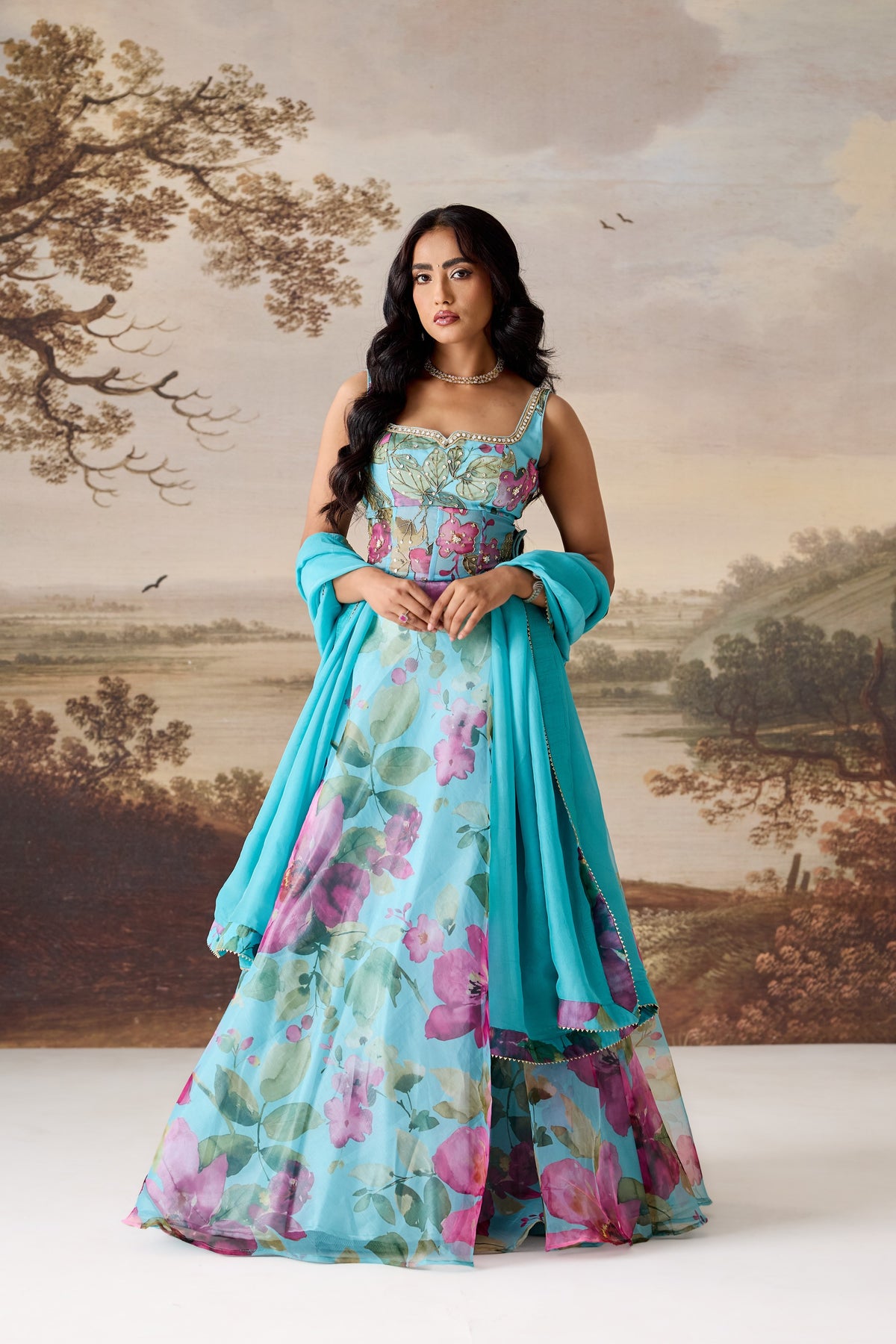 Sea Green Embroidered Corset, Lehenga & Dupatta Set
