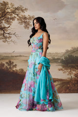 Sea Green Embroidered Corset, Lehenga & Dupatta Set