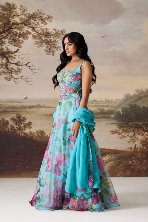 Sea Green Embroidered Corset, Lehenga & Dupatta Set