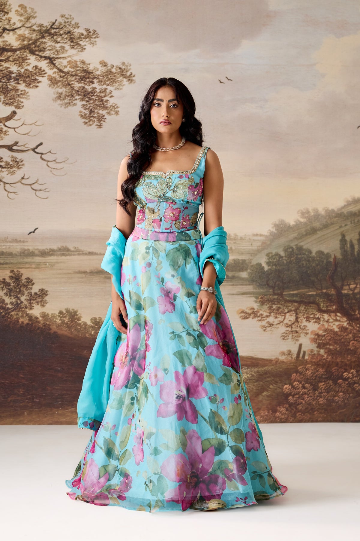 Sea Green Embroidered Corset, Lehenga & Dupatta Set