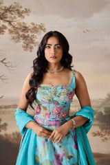 Sea Green Embroidered Corset, Lehenga & Dupatta Set