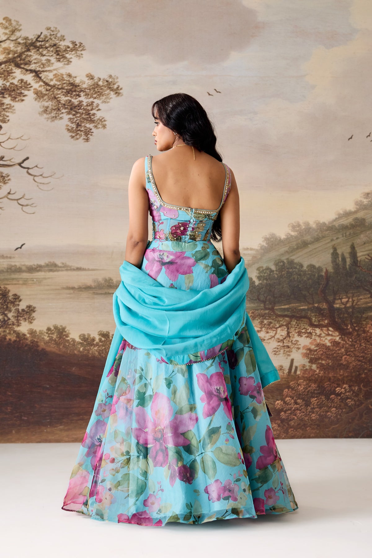 Sea Green Embroidered Corset, Lehenga & Dupatta Set