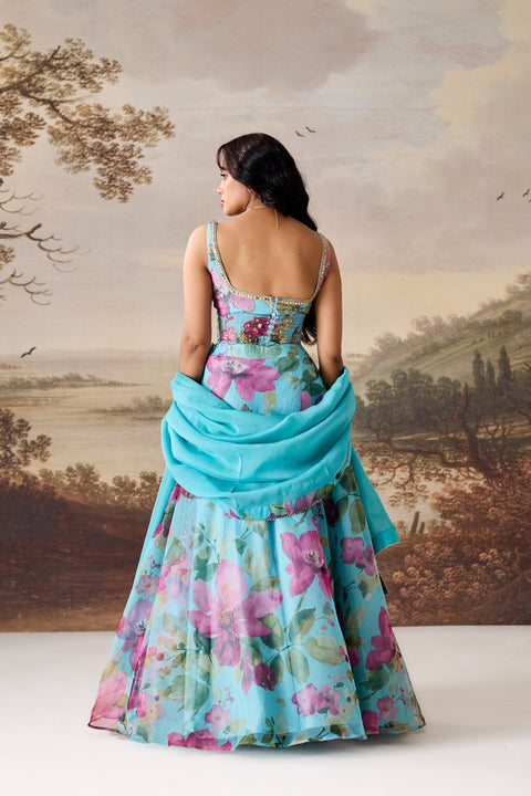 Sea Green Embroidered Corset, Lehenga & Dupatta Set