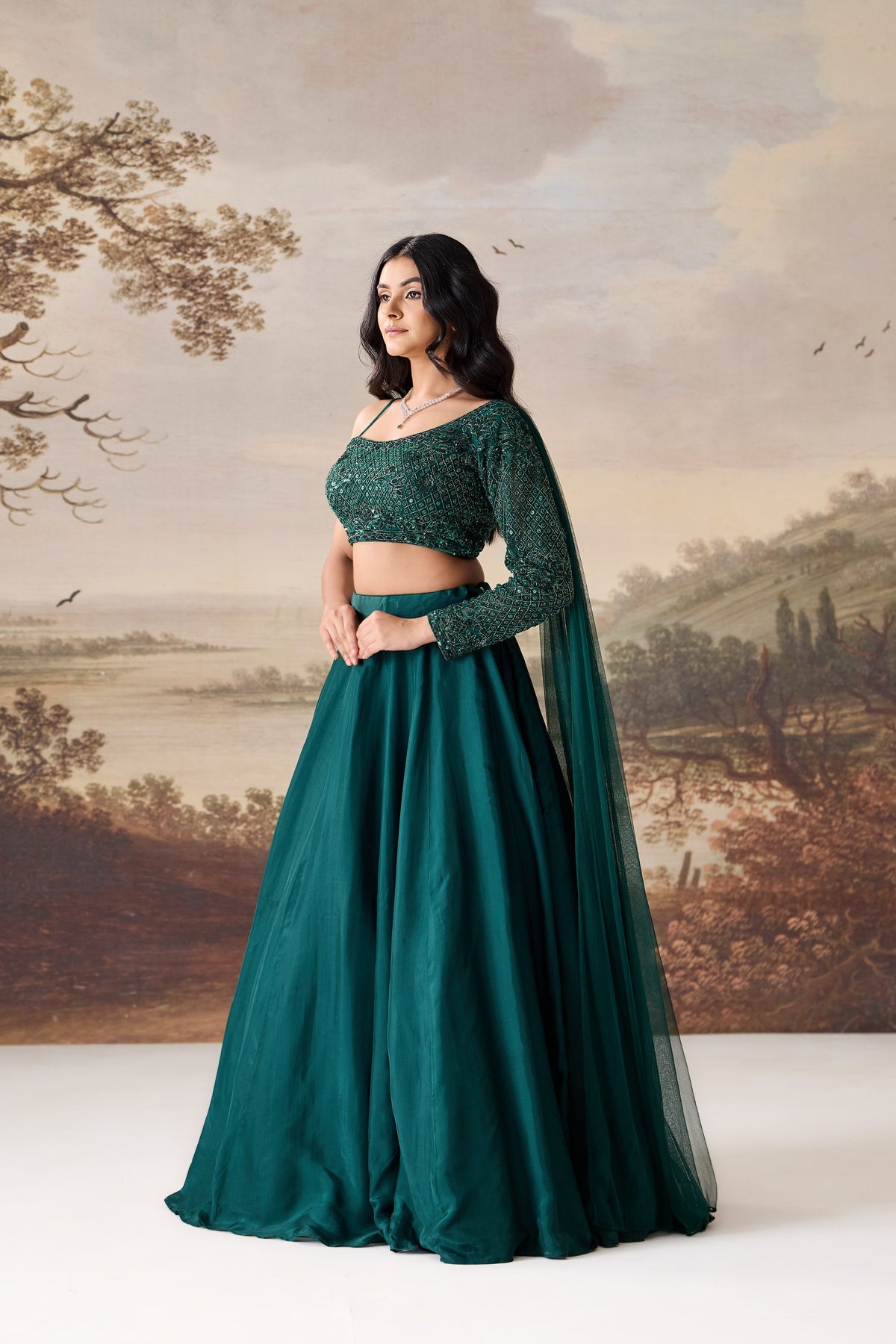 Emerald Green One-Shoulder Embroidered Lehenga Set