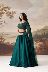 Emerald Green One-Shoulder Embroidered Lehenga Set