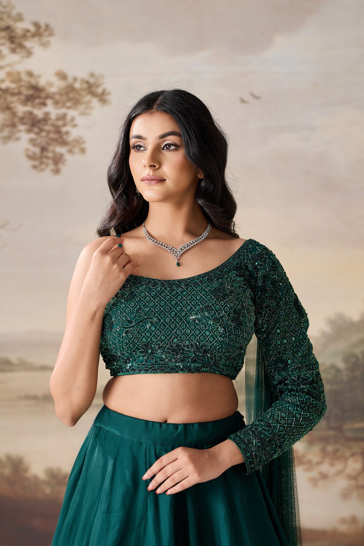 Emerald Green One-Shoulder Embroidered Lehenga Set