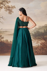 Emerald Green One-Shoulder Embroidered Lehenga Set