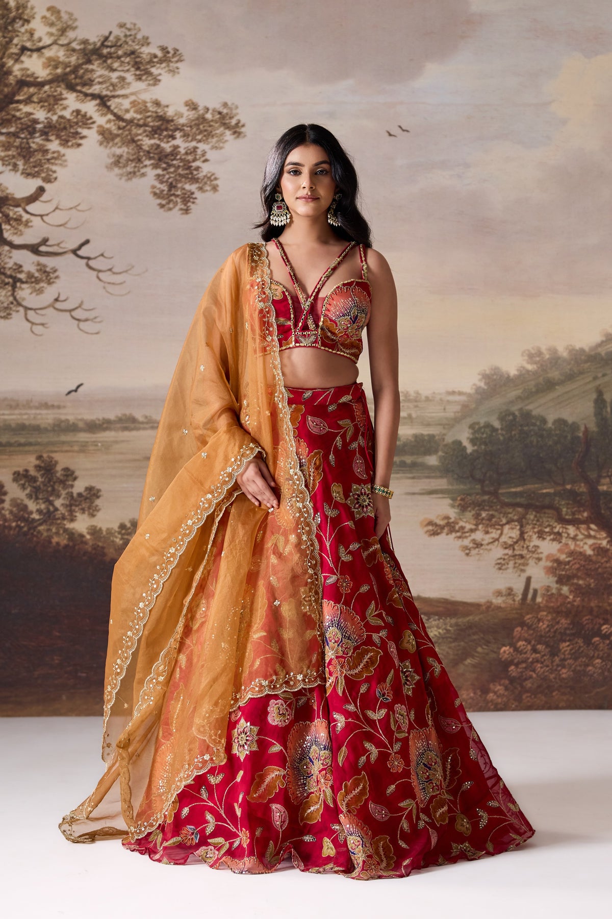 Deep Red Embroidered Blouse, Lehenga & Dupatta Set