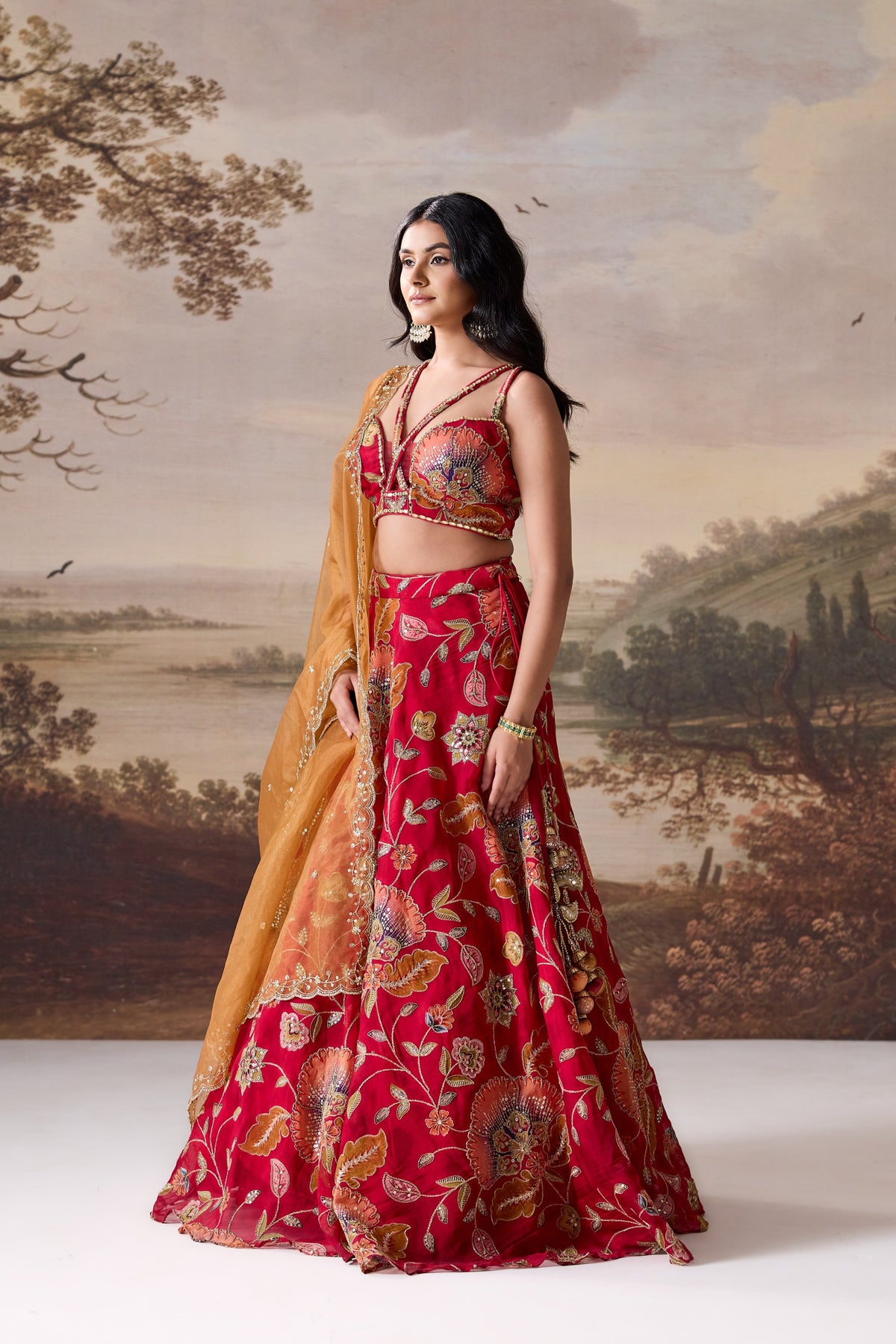 Deep Red Embroidered Blouse, Lehenga & Dupatta Set