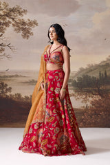 Deep Red Embroidered Blouse, Lehenga & Dupatta Set