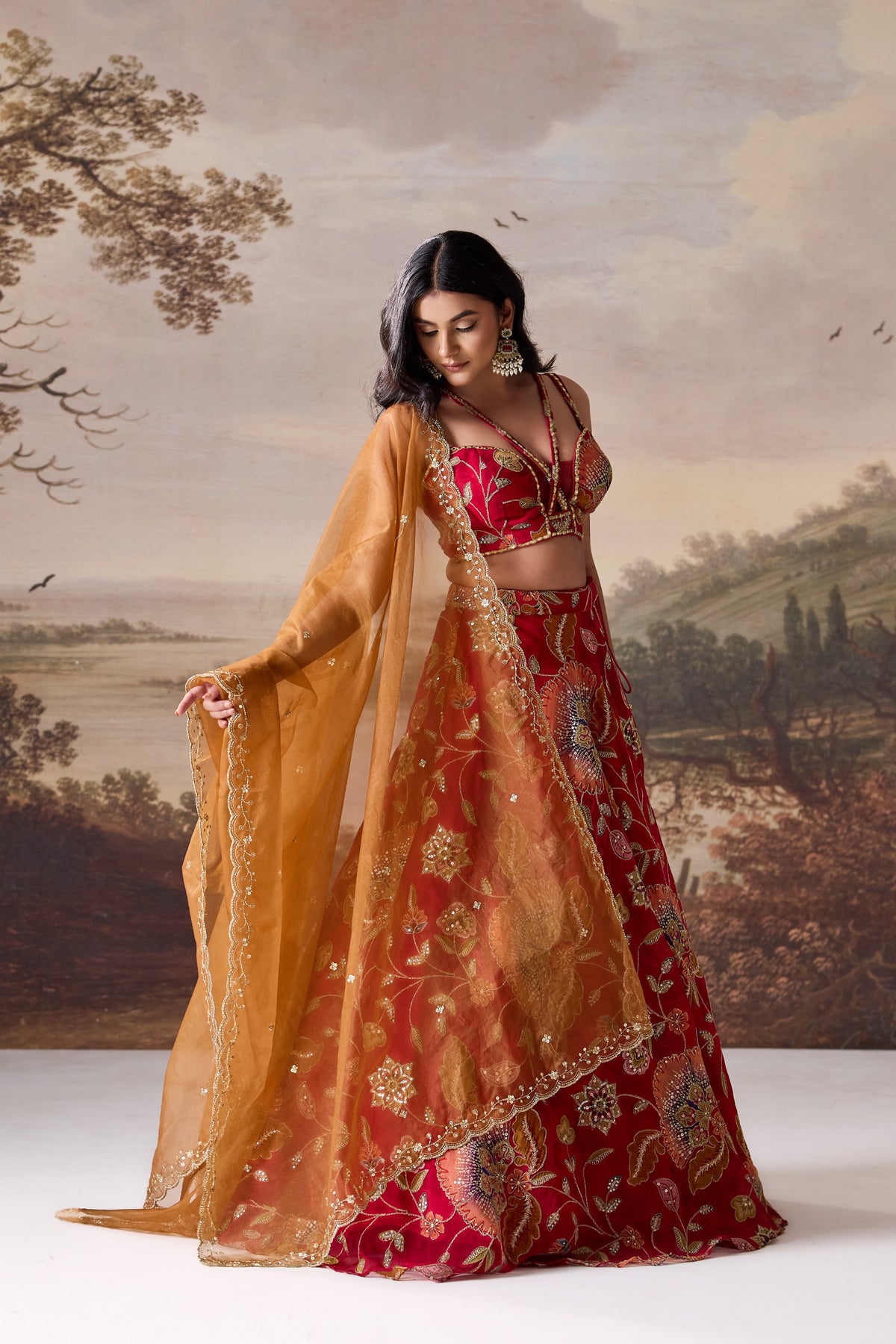 Deep Red Embroidered Blouse, Lehenga & Dupatta Set