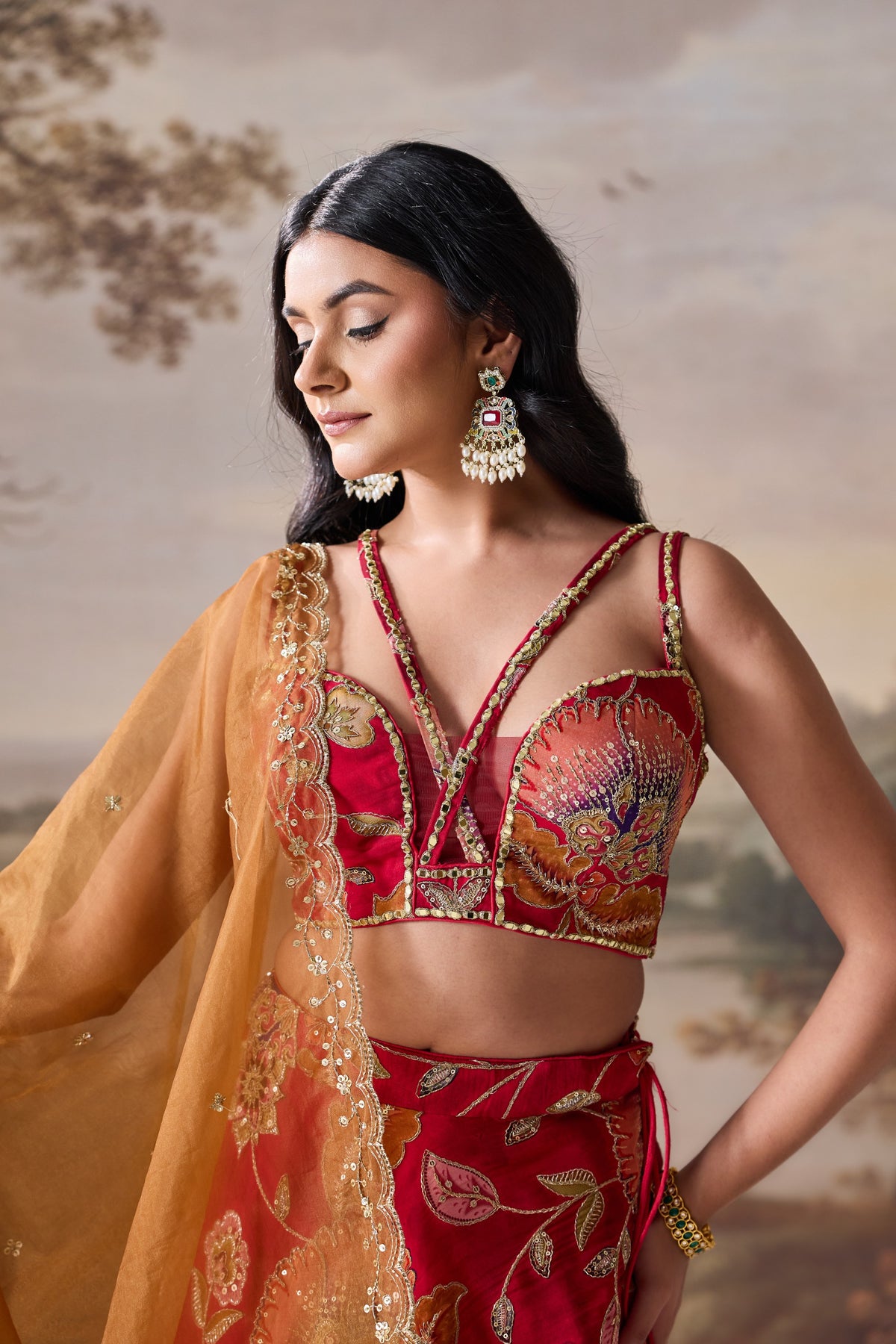 Deep Red Embroidered Blouse, Lehenga & Dupatta Set