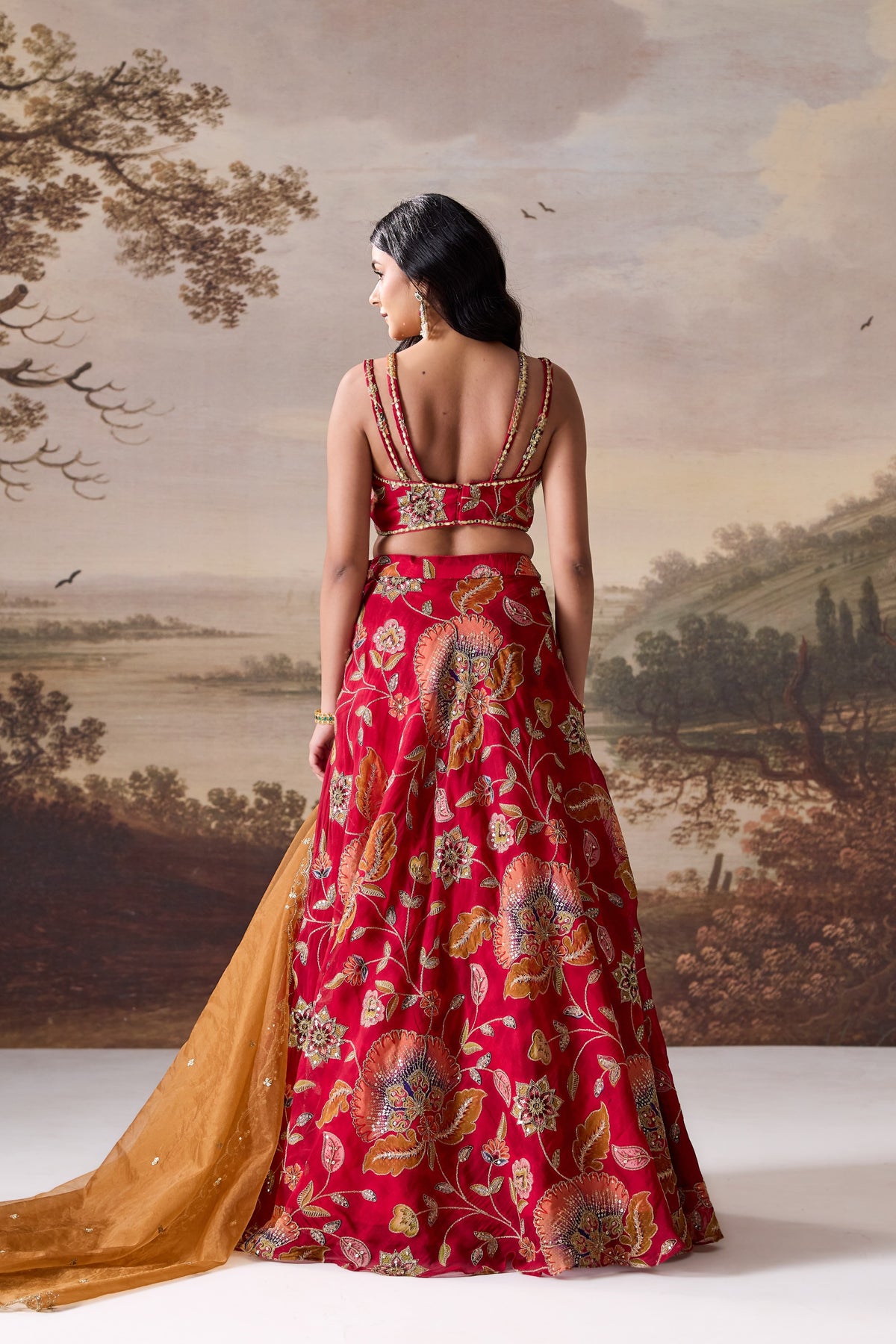 Deep Red Embroidered Blouse, Lehenga & Dupatta Set