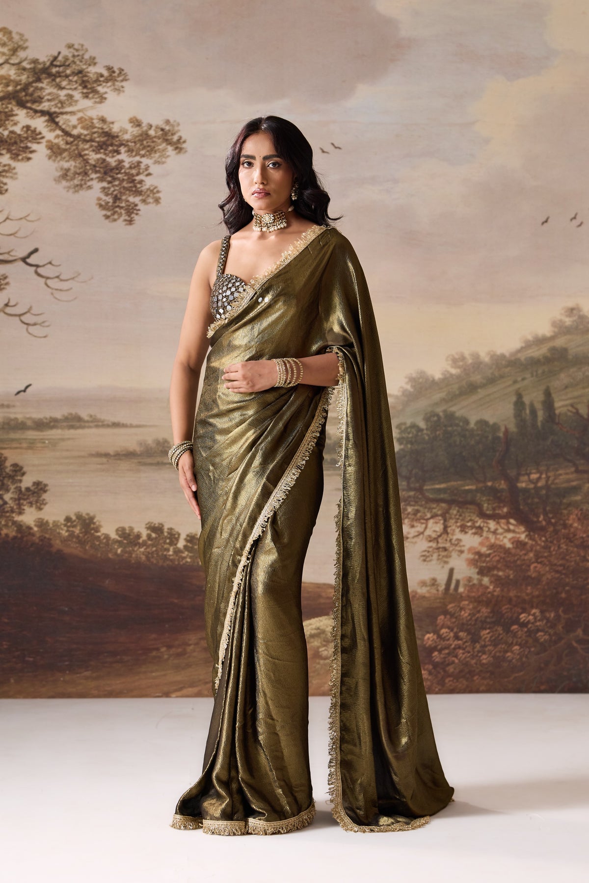 Olive Green Ready-to-Wear Saree & Blouse Set