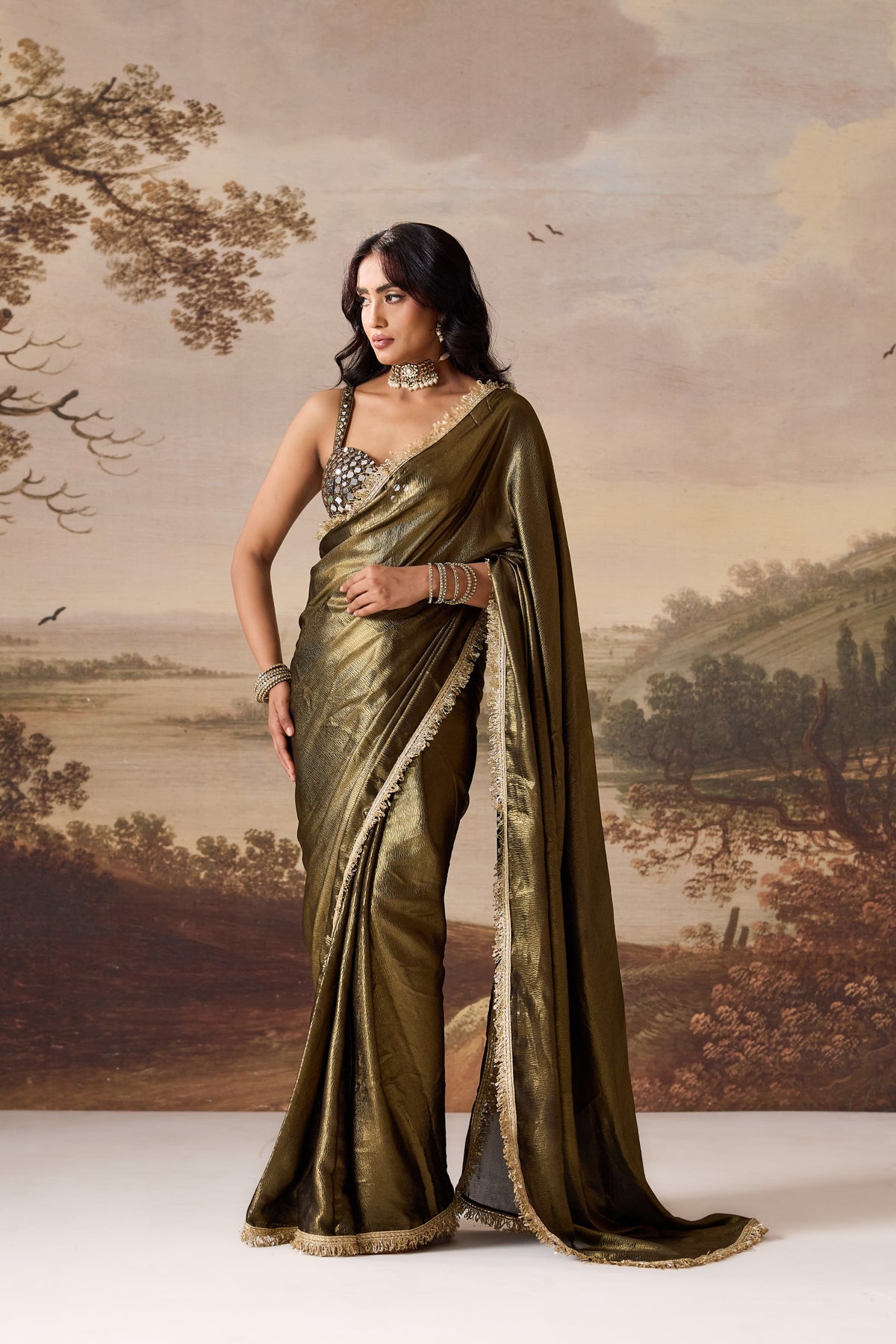 Olive Green Ready-to-Wear Saree & Blouse Set
