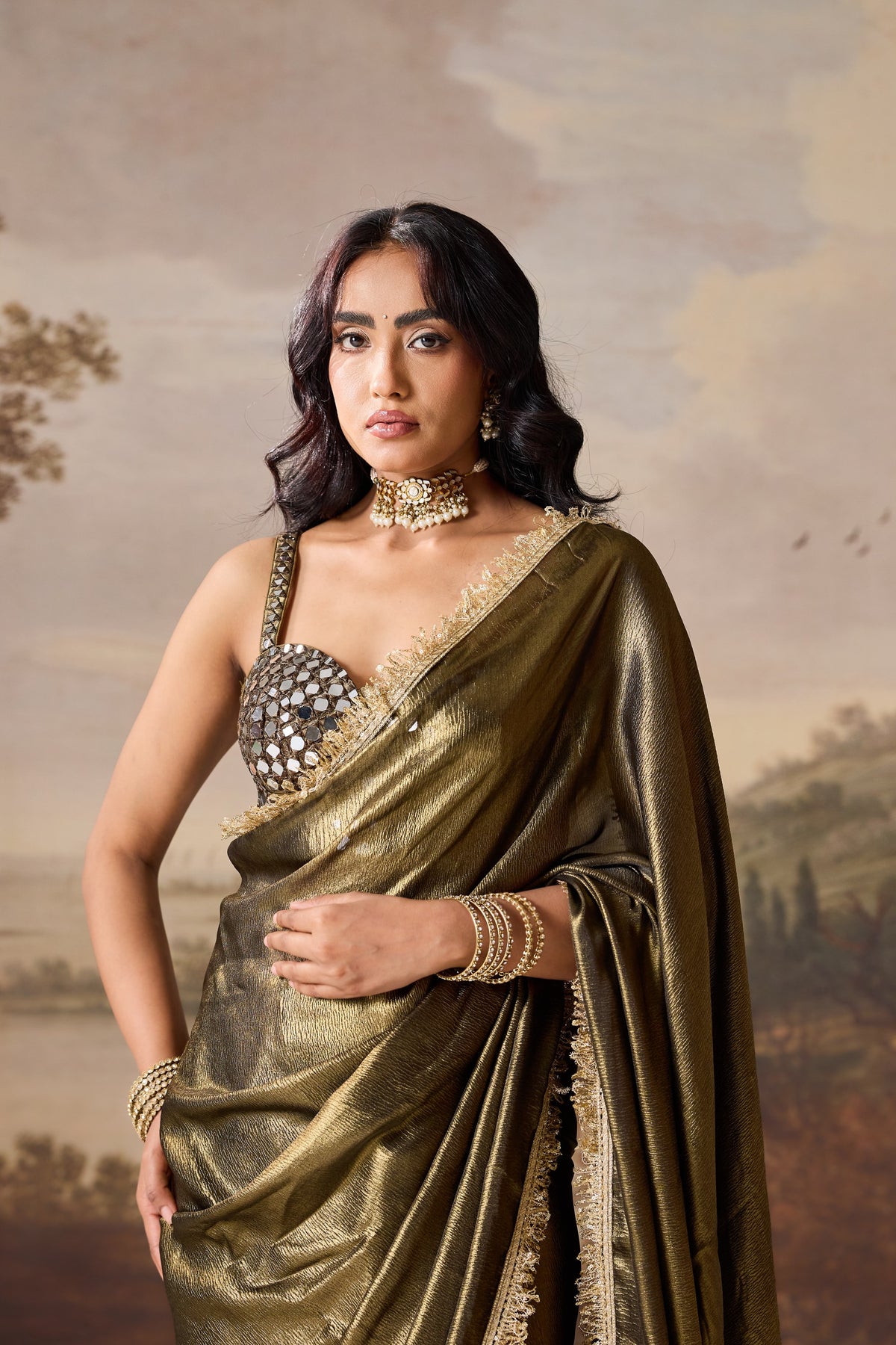 Olive Green Ready-to-Wear Saree & Blouse Set