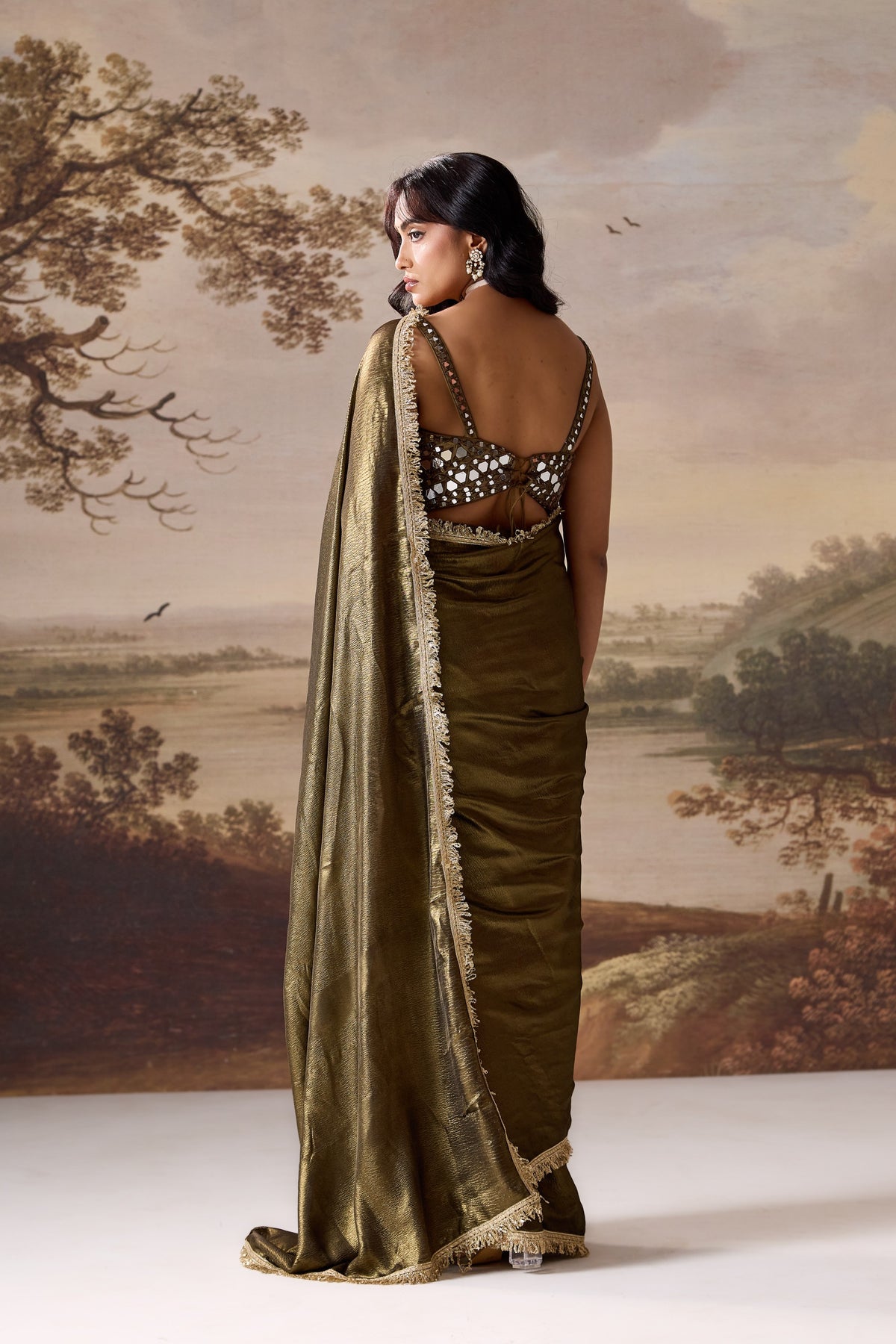 Olive Green Ready-to-Wear Saree & Blouse Set