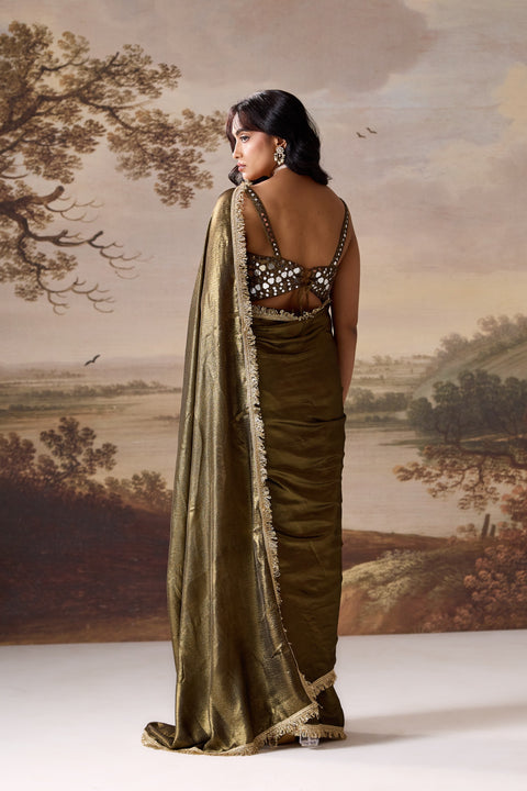 Olive Green Ready-to-Wear Saree & Blouse Set