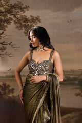 Olive Green Ready-to-Wear Saree & Blouse Set