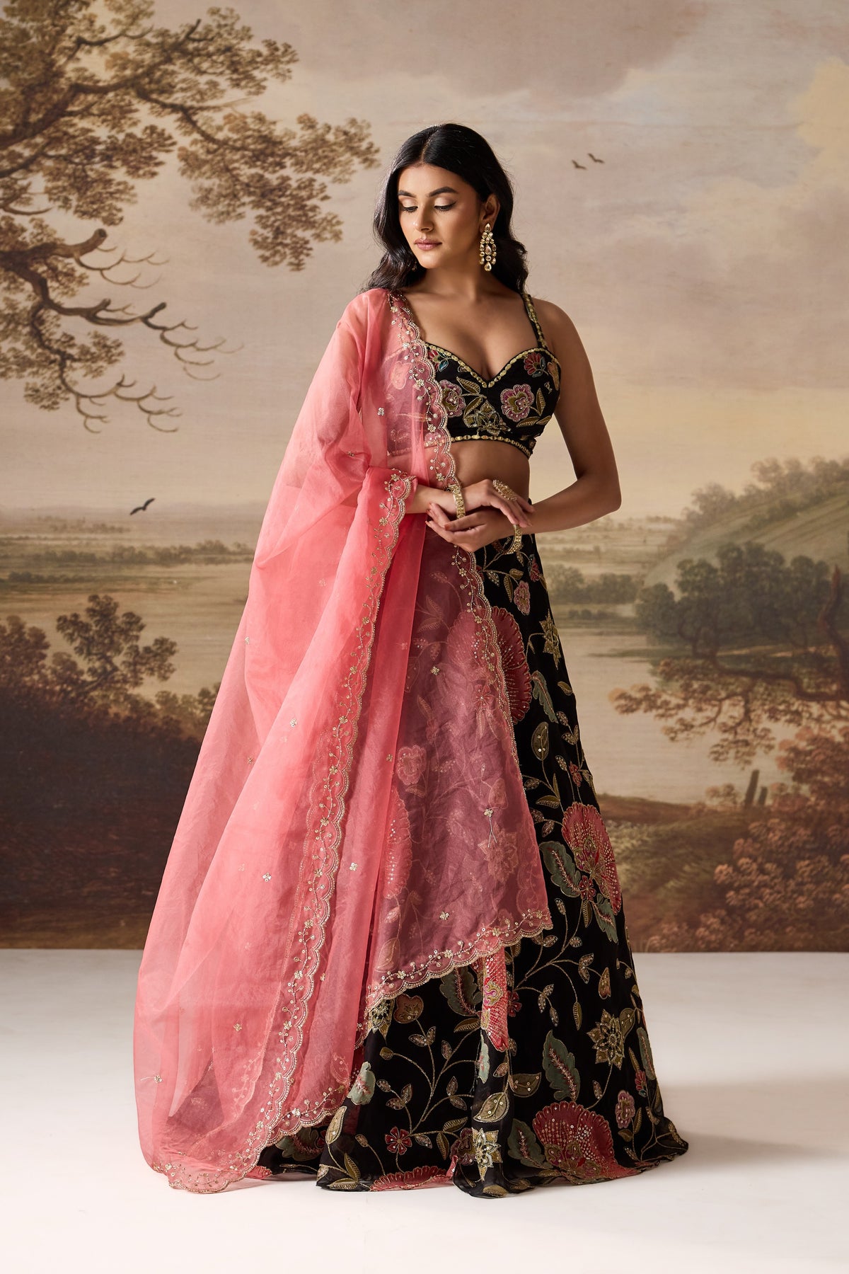 Black Embroidered Blouse, Lehenga & Dupatta Set