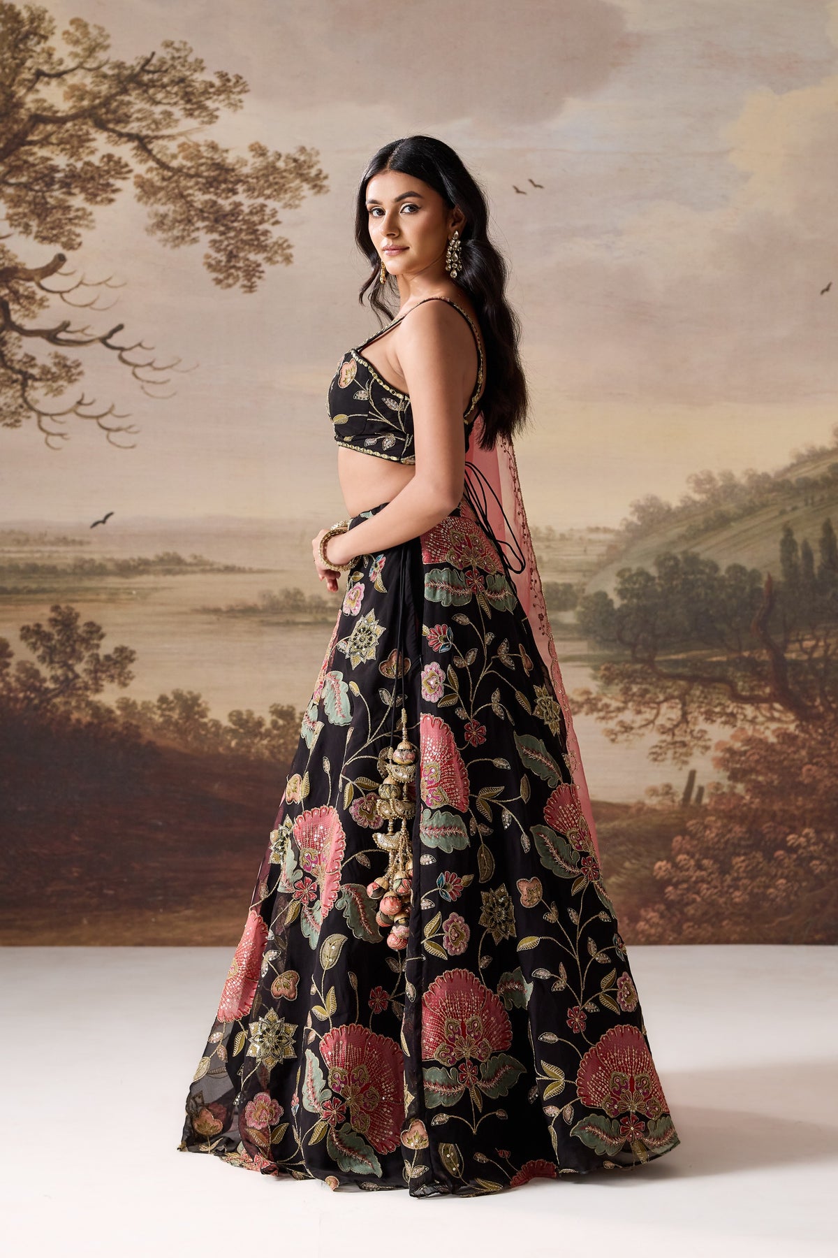 Black Embroidered Blouse, Lehenga & Dupatta Set