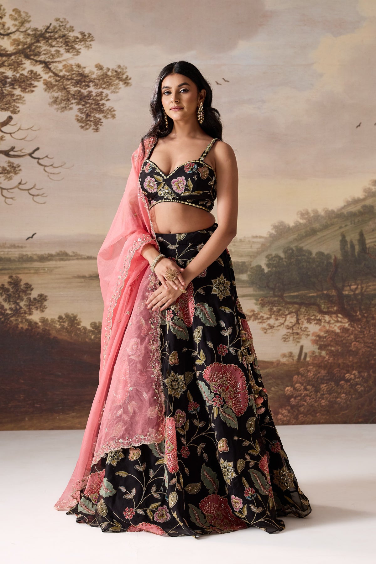 Black Embroidered Blouse, Lehenga & Dupatta Set
