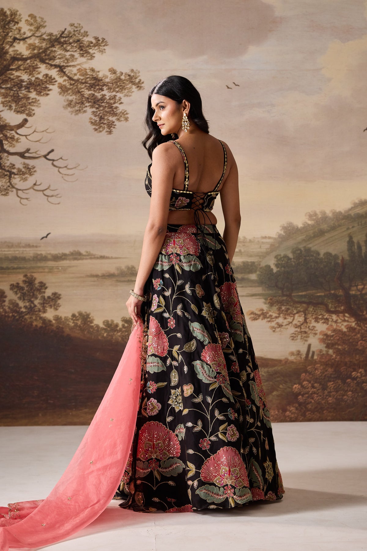 Black Embroidered Blouse, Lehenga & Dupatta Set