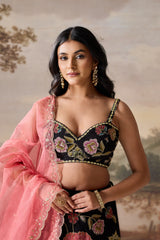 Black Embroidered Blouse, Lehenga & Dupatta Set