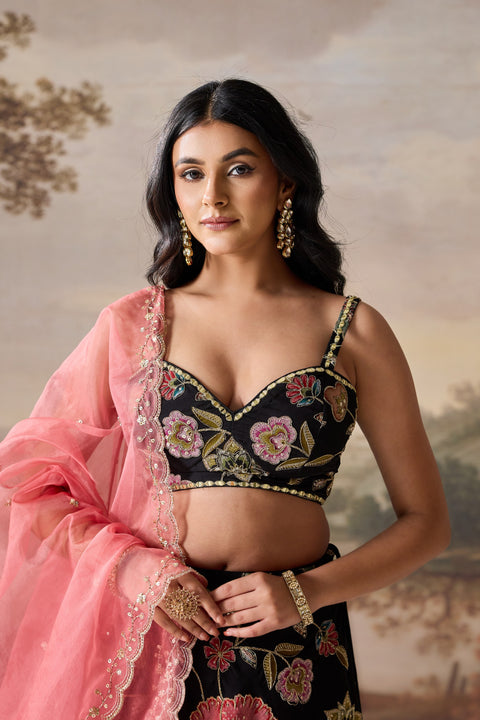 Black Embroidered Blouse, Lehenga & Dupatta Set