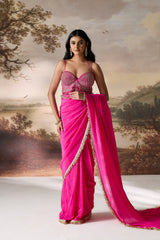 Fuchsia Embellished Corset & Stitched Saree Set