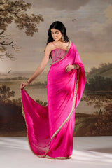 Fuchsia Embellished Corset & Stitched Saree Set