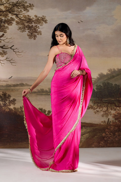 Fuchsia Embellished Corset & Stitched Saree Set