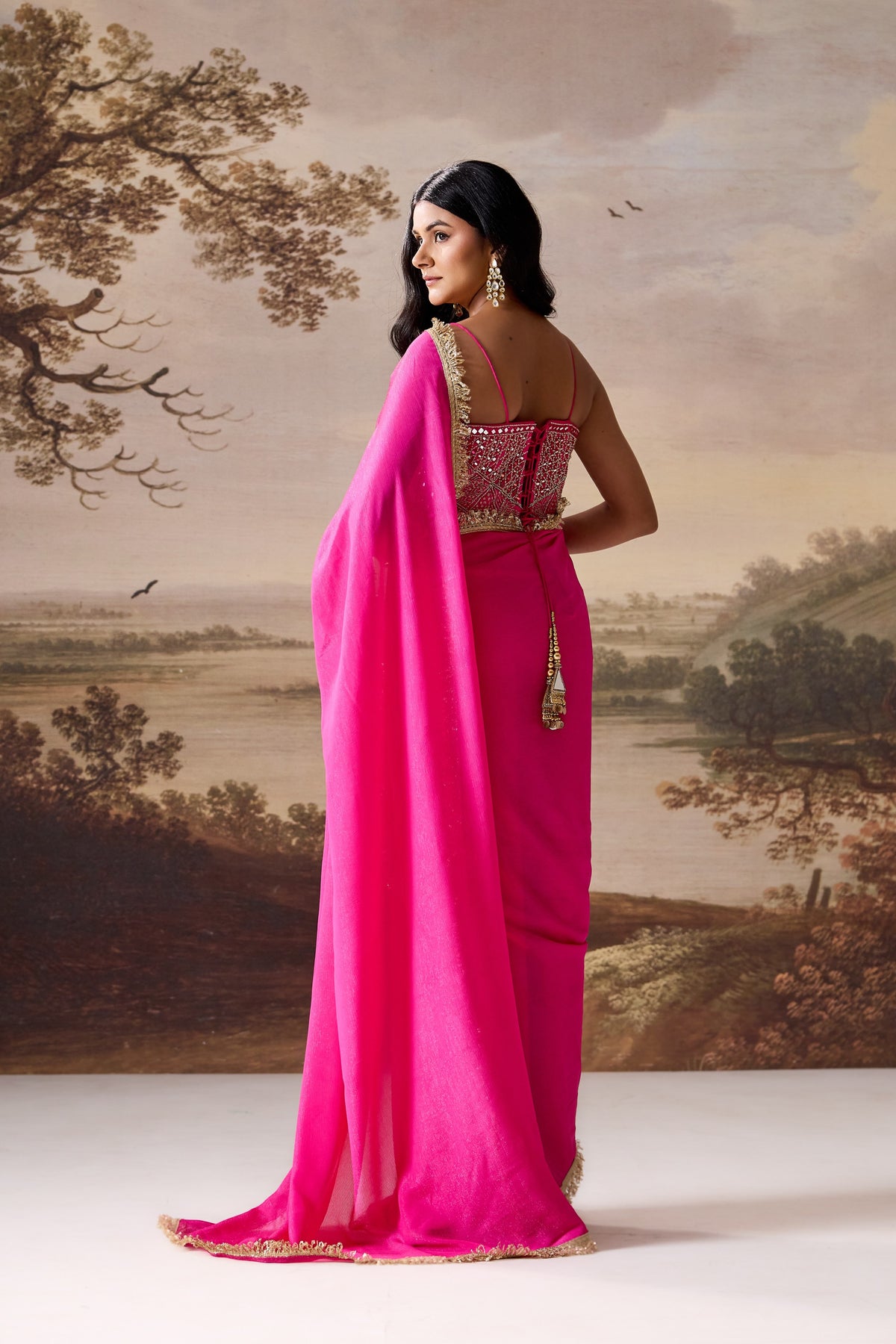 Fuchsia Embellished Corset & Stitched Saree Set