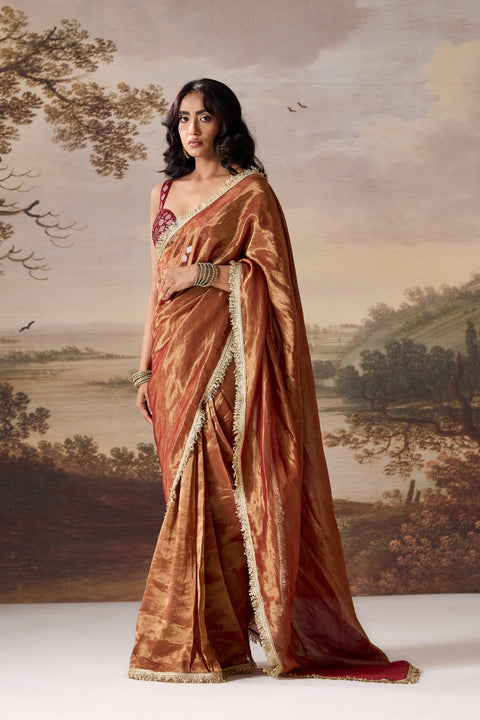 Maroon Embellished Corset & Stitched Saree Set