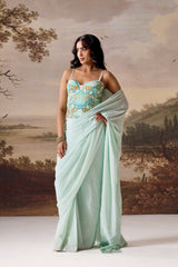 Mint Green Embellished Corset & Draped Saree Set