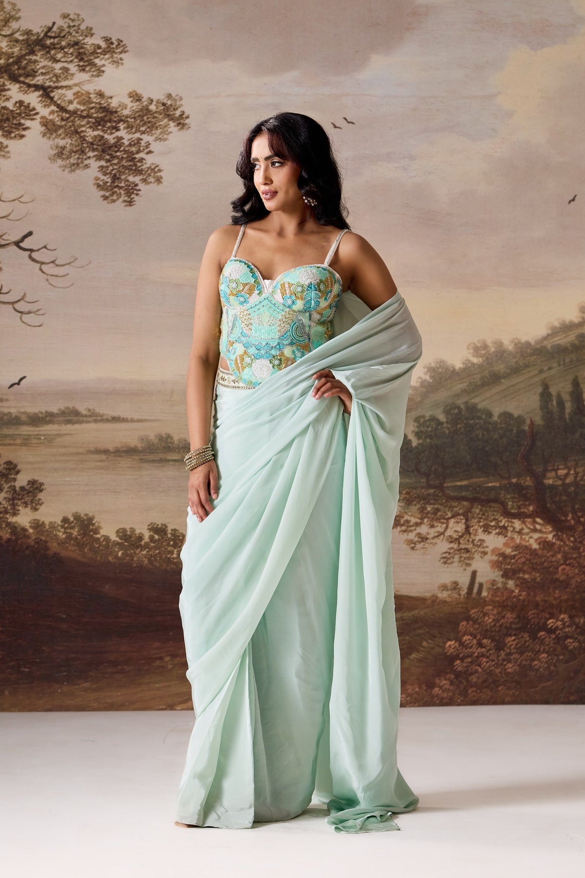 Mint Green Embellished Corset & Draped Saree Set