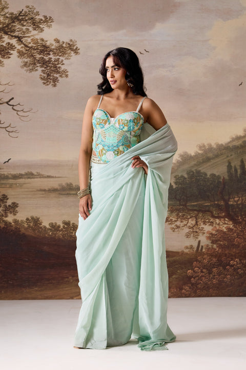 Mint Green Embellished Corset & Draped Saree Set