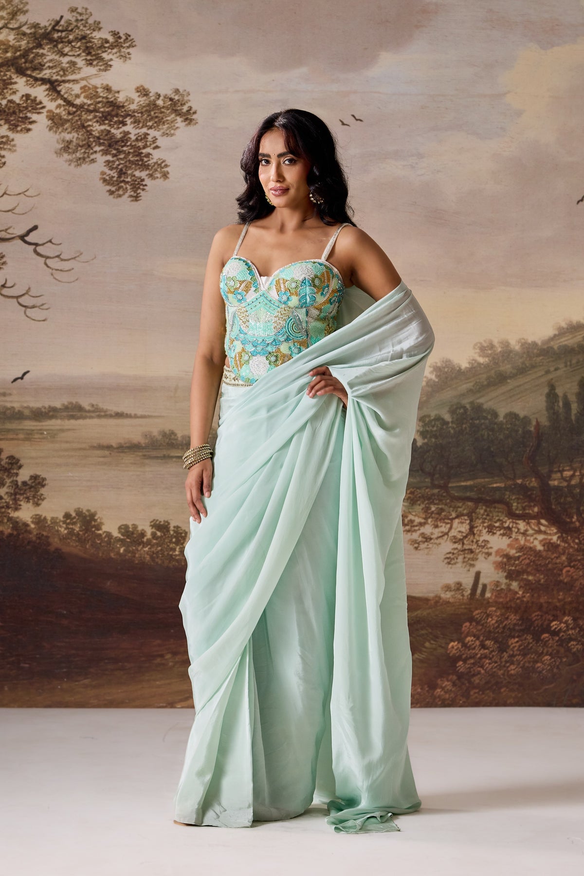 Mint Green Embellished Corset & Draped Saree Set