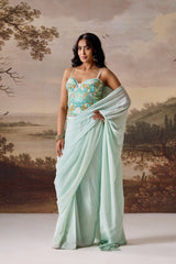 Mint Green Embellished Corset & Draped Saree Set