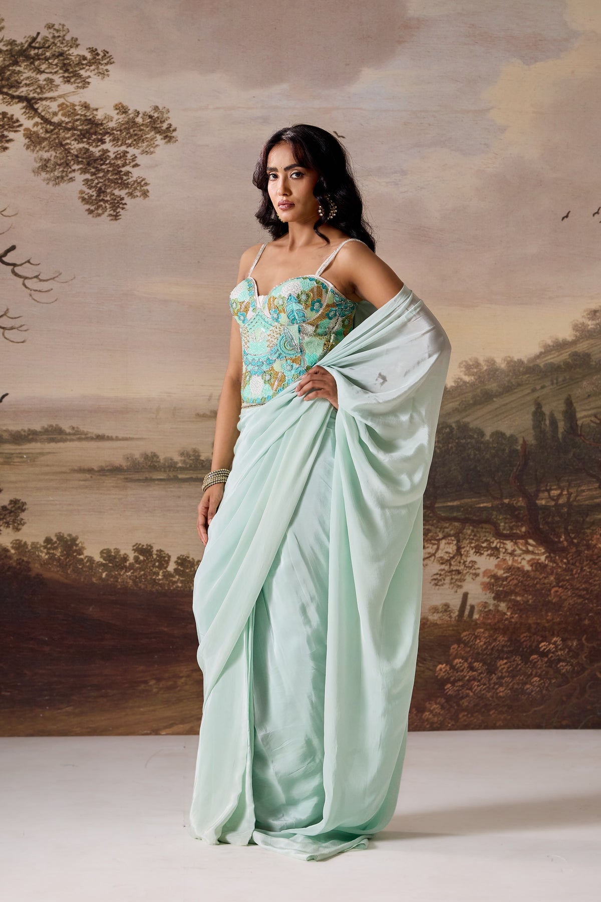 Mint Green Embellished Corset & Draped Saree Set