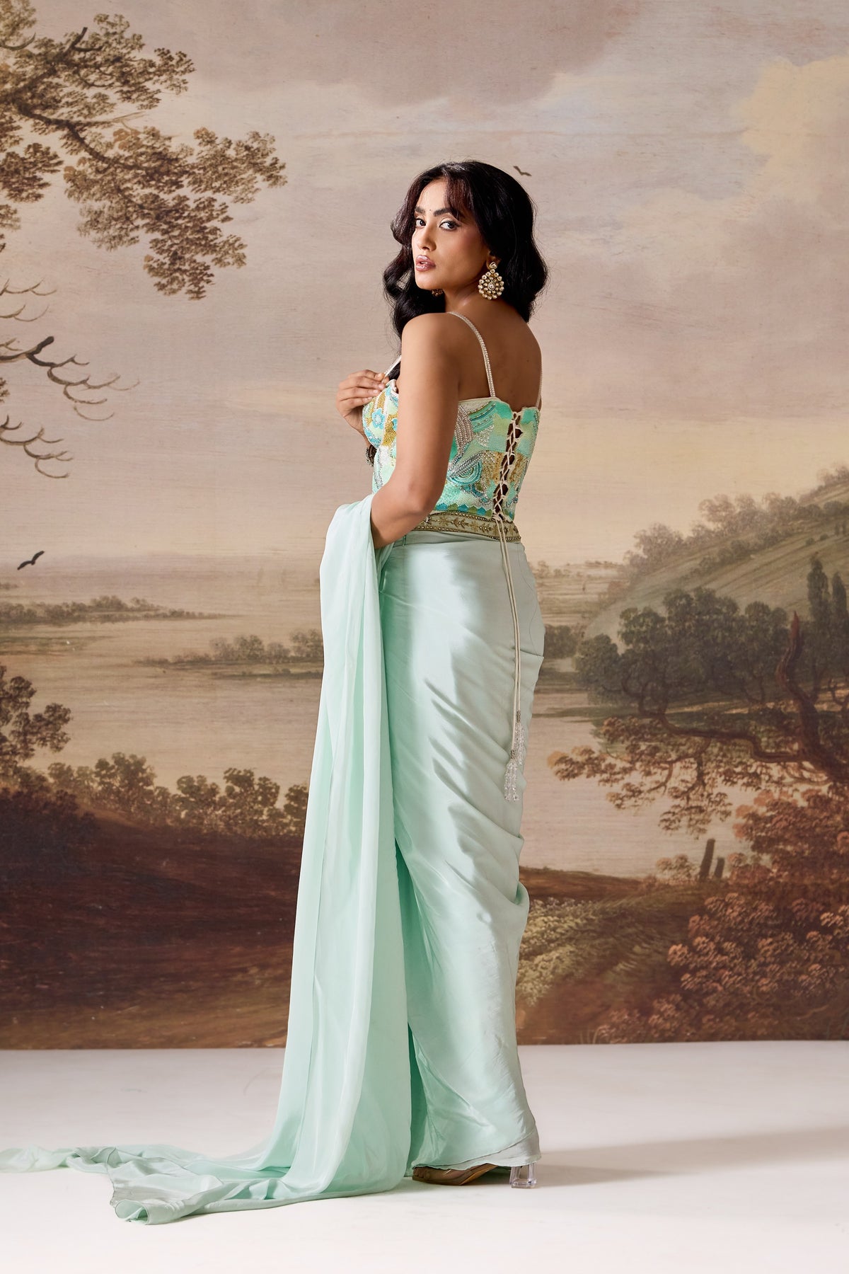 Mint Green Embellished Corset & Draped Saree Set