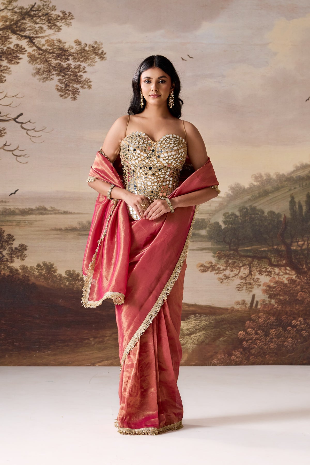 Fuchsia Embellished Corset & Stitched Saree Set
