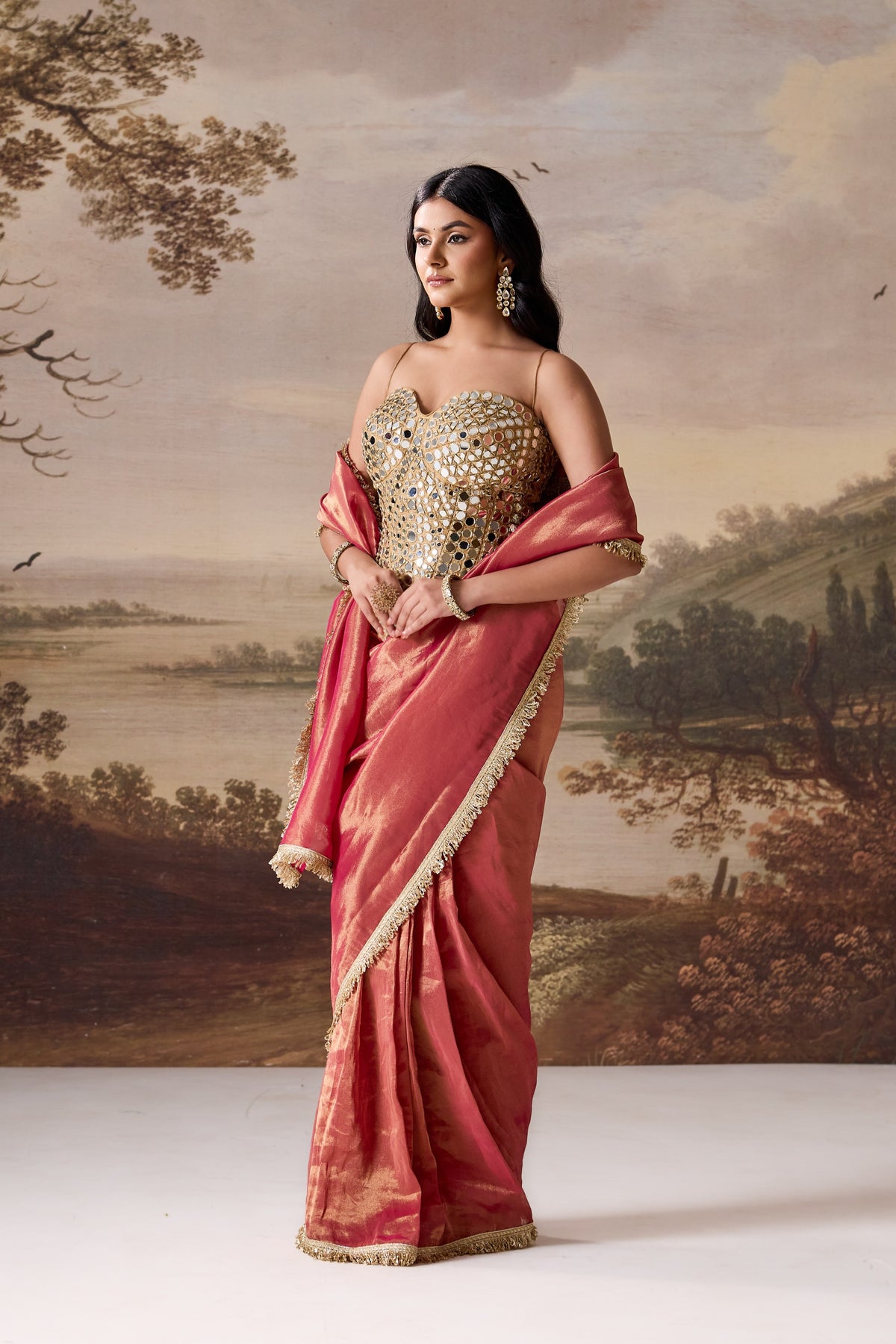 Fuchsia Embellished Corset & Stitched Saree Set